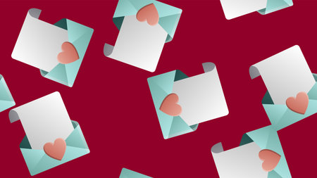 Endless seamless pattern of beautiful festive love joyful tender hearts in envelopes on a red...