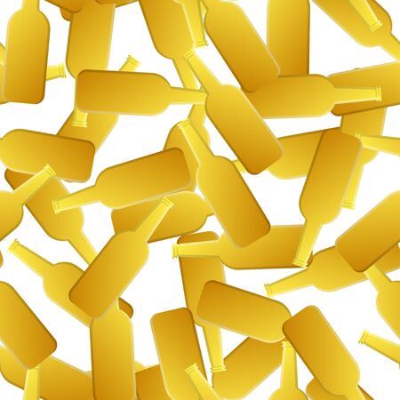 Endless seamless pattern of yellow beautiful glass beer bottles with tasty tasty light beer, foamy hop lager on a white background. Vector illustration.のイラスト素材