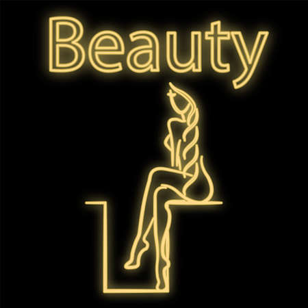 Bright luminous yellow neon sign for a beauty salon spa sauna bath beautiful beautiful shiny beauty spa with a sitting woman with a slim figure and legs on a black background. Vector illustration.のイラスト素材