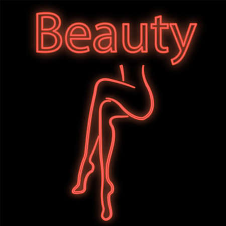 Bright luminous red neon sign for a bar of a beauty salon. Beautiful brilliant beauty spa with a sitting woman with a slim figure and legs on a black background. Vector illustration.のイラスト素材