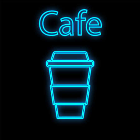 Bright luminous blue neon sign for cafe bar restaurant pub beautiful shiny with a mug of coffee on a black background. Vector illustration.のイラスト素材