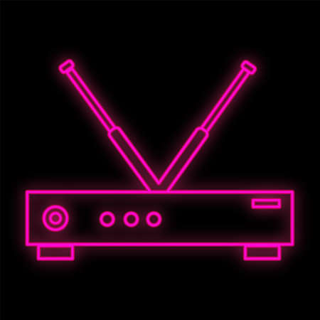 A bright luminous purple digital neon sign for a store or workshop service center is beautiful shiny with a modern wireless Wi-Fi router modem on a black background. Vector illustration.のイラスト素材