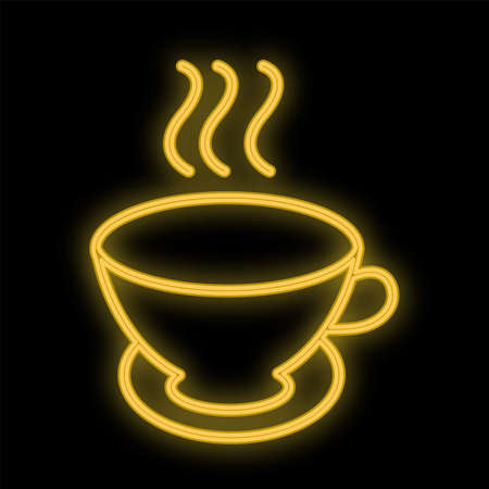 Bright luminous yellow neon sign for cafe bar restaurant pub beautiful shiny with tea mug on black background. Vector illustration.のイラスト素材