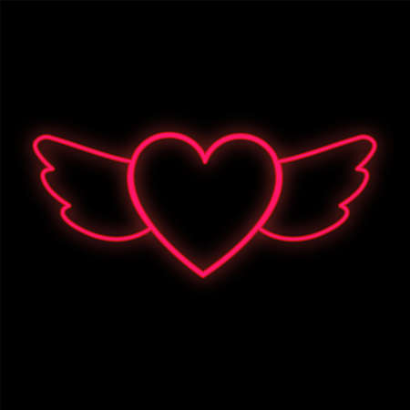 Bright luminous red festive digital neon sign for a store or greeting card beautiful shiny with love wings with a heart on a black background. Vector illustration.のイラスト素材