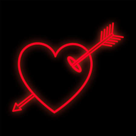 Bright luminous red festive digital neon sign for a store or card beautiful shiny with a love heart with Cupid's arrow on a black background. Vector illustration.のイラスト素材