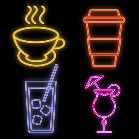 Set of bright luminous multi-colored neon signs for a cafe restaurant bar beautiful shiny with cocktails and drinks tea coffee on a black background. Vector illustration.のイラスト素材