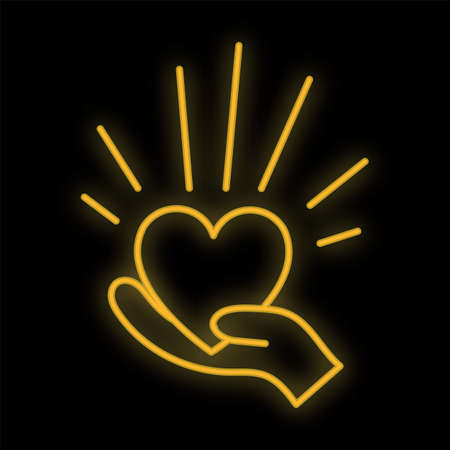 Bright luminous yellow festive digital neon sign for shop or greeting card beautiful shiny with love hands with a heart on a black background. Vector illustration.のイラスト素材