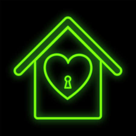 Bright luminous green festive digital neon sign for a store or postcard beautiful shiny with a love house with a heart on a black background. Vector illustration.のイラスト素材