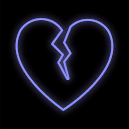Bright luminous blue festive digital neon sign for a store or card beautiful shiny with a love broken heart on a black background. Vector illustration.のイラスト素材