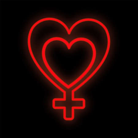 Bright luminous red festive digital neon sign for a store or card beautiful shiny with love hearts in the form of a female symbol on a black background. Vector illustration.のイラスト素材