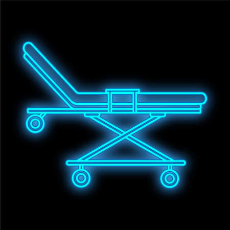 Bright luminous blue medical digital neon sign for a pharmacy or hospital store beautiful shiny with a gurney and a hospital bed on a black background. Vector illustration.のイラスト素材