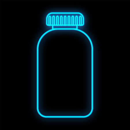 Bright luminous blue medical digital neon sign for a pharmacy or hospital store beautiful shiny with jars for pills on a black background. Vector illustration.のイラスト素材