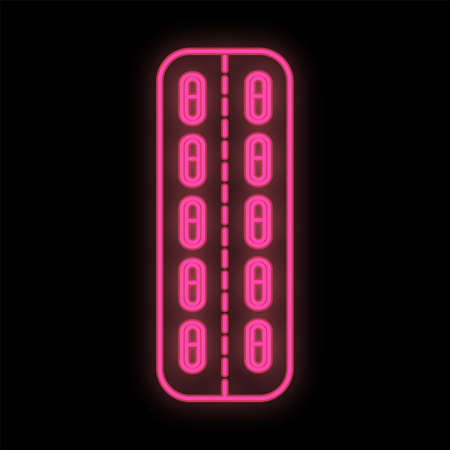 Bright luminous purple medical digital medical neon sign for a pharmacy or hospital store beautiful shiny with pills and capsules on a black background. Vector illustration.のイラスト素材