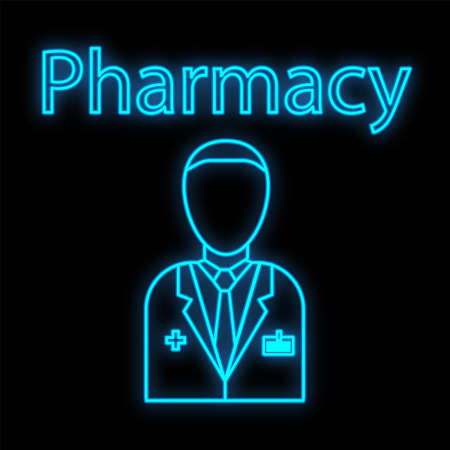 Bright luminous blue medical digital neon sign for a pharmacy or hospital store beautiful shiny with a doctor and the inscription medicine on a black background. Vector illustration.のイラスト素材