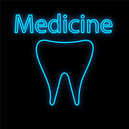 Bright luminous blue medical digital neon sign for a pharmacy or hospital store beautiful shiny with a dental tooth and the inscription medicine on a black background. Vector illustration.のイラスト素材