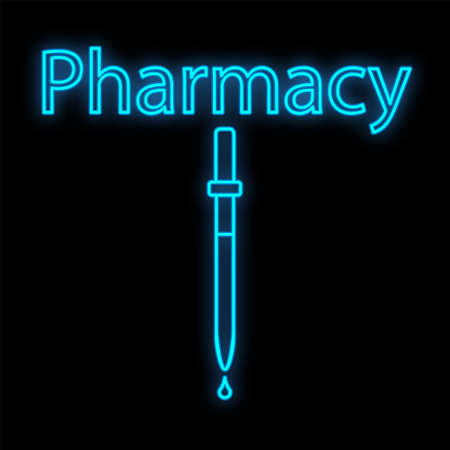 Bright luminous blue medical digital neon sign for a pharmacy or hospital store beautiful shiny with a dropper and the inscription pharmacy on a black background. Vector illustration.のイラスト素材
