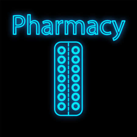 Bright luminous blue medical digital neon sign for a pharmacy or hospital store beautiful shiny with pills and capsules and the inscription pharmacy on a black background. Vector illustration.のイラスト素材