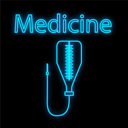 Bright luminous blue medical digital neon sign for a pharmacy or hospital store beautiful shiny with a dropper and the inscription medicine on a black background. Vector illustration.のイラスト素材