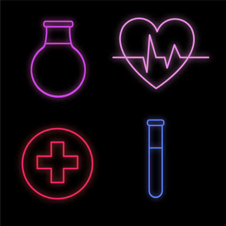 Set of bright luminous multi-colored medical neon signs for a pharmacy or hospital store beautiful shiny scientific paper heart flask cross on a black background. Vector illustration.のイラスト素材