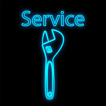 Bright luminous blue industrial digital neon sign for shop workshop service center beautiful shiny with a wrench for repair on a black background and the inscription service. Vector illustration.のイラスト素材