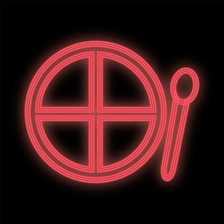 Bright red neon eyeshadow palette on a black matte background. A set for creating eye makeup with a soft fluffy brush. makeup artist tool. icon, sign for a beauty studio. vector illustration.のイラスト素材