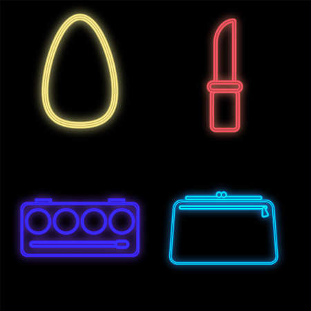 set of beauty items in bright neon colors on a black background. beauty blender, lipstick, eyeshadow and cosmetic bag. for the work of a makeup artist. creation of a bright image. vector illustration.のイラスト素材