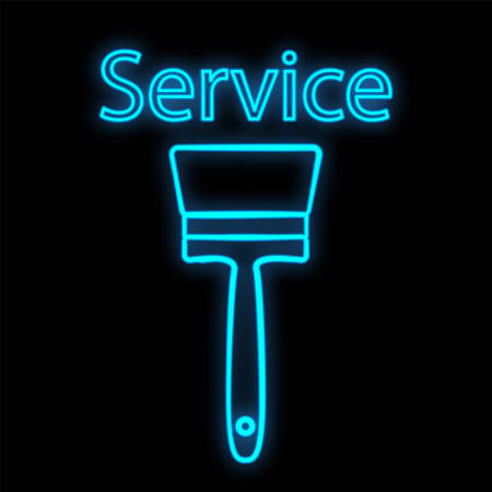 Bright glowing blue construction industrial digital neon sign for service center workshop shop beautiful shiny with paint brush for renovation on black background. Vector illustration.のイラスト素材