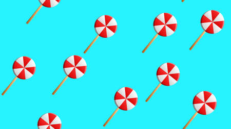 Christmas Candy Cane Round white and red sweet set. Seamless Pattern Decoration. Wrapping paper, textile template. Blue background.のイラスト素材