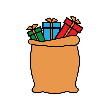Santa Claus gifts in bag. Christmas presents sack, pile of sweets gift and xmas vector illustration.のイラスト素材