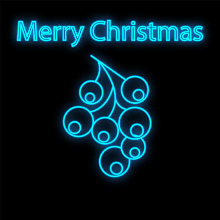 English holly neon sign. Bright illustration of holly branch with red berries and green leaves on dark blue brick background. Can be used for topics like festivals, Christmas, seasonal festivals.のイラスト素材