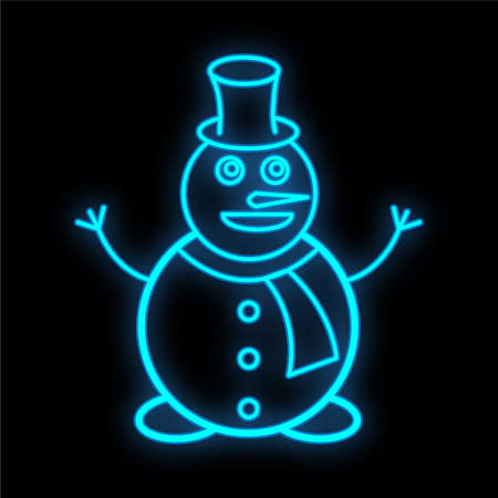 Snowman neon icon. Neon glowing symbol for new year and Christmas projects, greeting cards, banners, flyers. Bright sign. Editable stroke and blend. Flat vector illustration.のイラスト素材