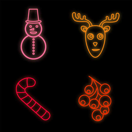 Christmas set of neon icons. Neon glowing symbols for new year and Christmas projects, greeting cards, banners, flyers. Bright sign. Editable stroke and blend. Vector flat illustration.のイラスト素材