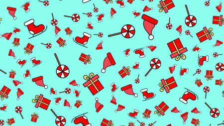 Christmas toys, sleigh, skates, hats and mittens, snowflakes, seamless vector illustration.