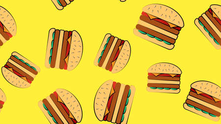 pattern of burgers on a yellow bright background, vector illustration. delicious fast food. decoration of fast food restaurant decor. juicy filling with meat and cheese. double burger to satisfy hunger.のイラスト素材
