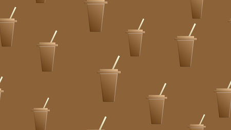 coffee in a glass with a straw, on a brown background, vector illustration, pattern. wallpaper for the design of a cafe, restaurant. home decor, pastry shop. coffee cups on the background.のイラスト素材