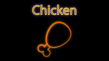 chicken legs on a black background, vector illustration. neon sign. neon orange. glowing box with the inscription chicken. breaded chicken legs, fast food food, quick snack.のイラスト素材