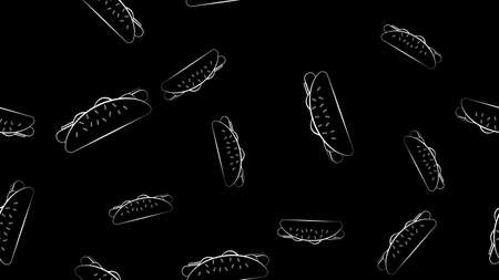 sausage sandwich on black background, vector illustration, pattern. hot dog stuffed with sesame seeds. wallpaper for kitchen, restaurant and cafe. black and white illustration in chalk drawing style.の写真素材