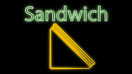 white bread sandwich with filling, over black background, vector illustration. neon sign for cafes, restaurants. neon yellow and green with the inscription sandwich. luminous sign for advertising.のイラスト素材