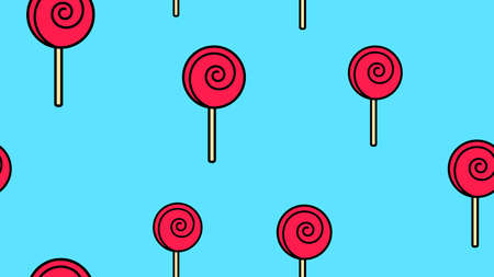 sweet round caramel on a stick, on a blue background, vector illustration, pattern. appetizing red lollipop, sugar candy. kitchen, restaurant decoration. catering decor, colored wallpaper.のイラスト素材