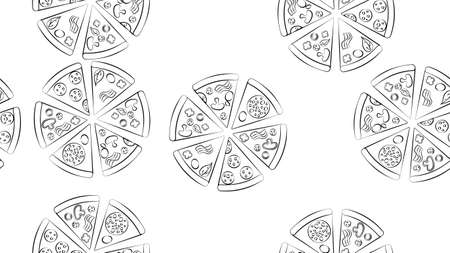 Linear seamless pattern from big round pizza. Italian fast food with salami, cheese and tomatoes. Black line on white isolated background. Vector. Template for menu, signboard, flyer, poster.のイラスト素材
