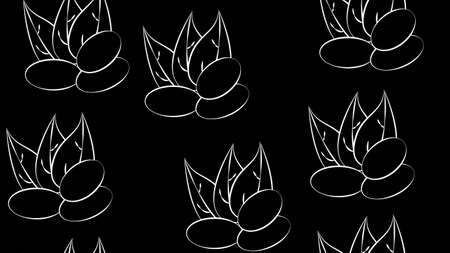 abstract seamless pattern of a set of almond kernels, for menu design or confectionery, textiles, vector illustration with colored contour lines on a creamy background in doodle & hand drawn style.のイラスト素材