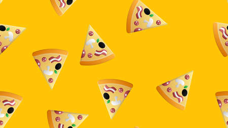 Colorful seamless pattern with delicious Pepperoni pizza slices on dark background. Tasty Italian fast food meal. Modern vector illustration for textile print, wallpaper, backdrop, wrapping paper.のイラスト素材