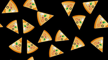 slice of pizza on thin dough, on a black background, vector illustration, pattern. pizza stuffed with meat and herbs, cheese. design and decor of kitchen, wallpaper, fast food and catering.の写真素材