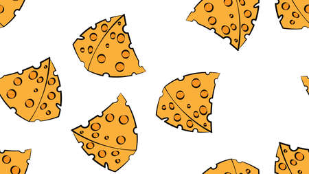 cheese on white background, vector illustration, pattern. an appetizing triangular slice of cheese with holes. seamless illustration, wallpaper, stylish decor.のイラスト素材