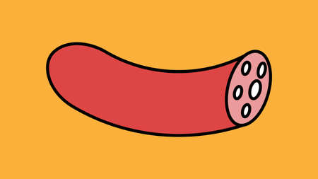 semicircular sausage on an orange background, vector illustration. meat sausage with bacon. salami for a snack for beer, meat plate. sausage for sandwich.のイラスト素材