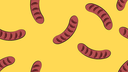 sausages on a yellow background, vector illustration. delicious grilled sausages. high-calorie sausage, fatty junk food. seamless pattern, background, endless pattern.のイラスト素材