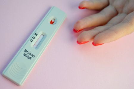 Test kit for viral disease COVID-19 2019-nCoV (coronavirus). This quick blood test shows a negative result for antigens for SARS-CoV-2 virus.の写真素材