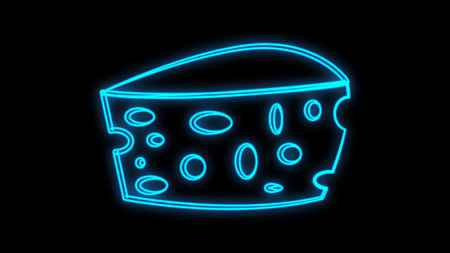 Cheese piece neon light icon. Organic dairy product, delicious appetizer. Glowing sign with alphabet, numbers and symbols. Cheddar slice. Swiss hard cheese with holes vector isolated illustration.のイラスト素材