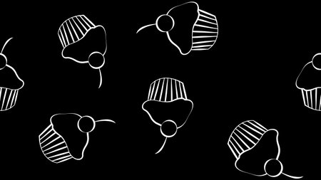 Seamless cute black and white cupcake doodle pattern. It includes yummy deserts with icing, cherry, strawberry, cream.のイラスト素材