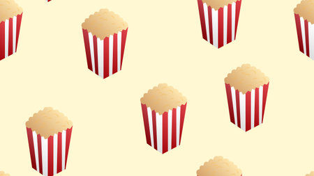 Pop corn boxes and corn explosion parts vector seamless pattern isolated on white background. Movie background. Entertainment weekend texture. Popcorn in a red striped bucket box. Pop corn kernels.のイラスト素材